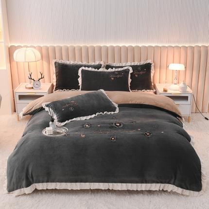 芃成 2022新款加厚保暖牛奶绒绣花四件套 花漾 高级灰