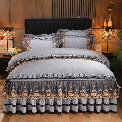 91家纺网 家纺一手货源 找家纺 瑞宝2025新款瑞丽水晶绒床裙款四件套 高级灰