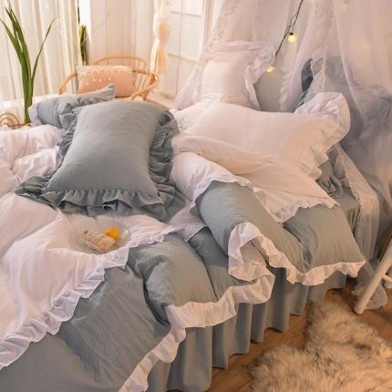 91家纺网 家纺一手货源 找家纺 （总）2023新韩版水洗棉公主风单层荷叶边拼色千层雪四件套