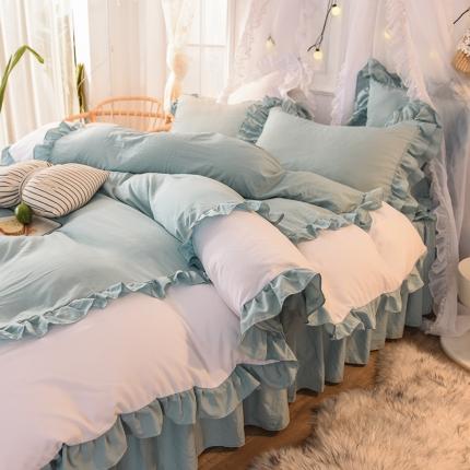 91家纺网 家纺一手货源 找家纺 （总）2023新韩版水洗棉公主风单层荷叶边拼色千层雪四件套