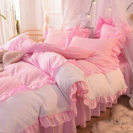 91家纺网 家纺一手货源 找家纺 （总）2023新韩版水洗棉公主风单层荷叶边拼色千层雪四件套