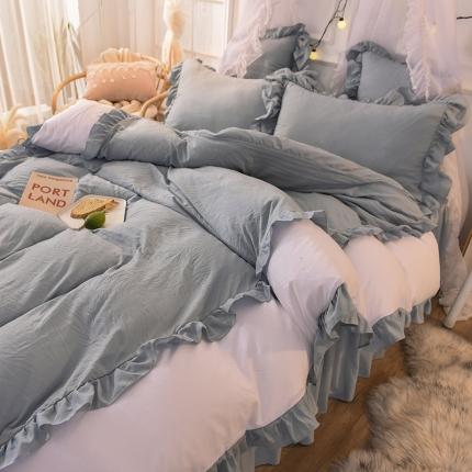 91家纺网 家纺一手货源 找家纺 （总）2023新韩版水洗棉公主风单层荷叶边拼色千层雪四件套