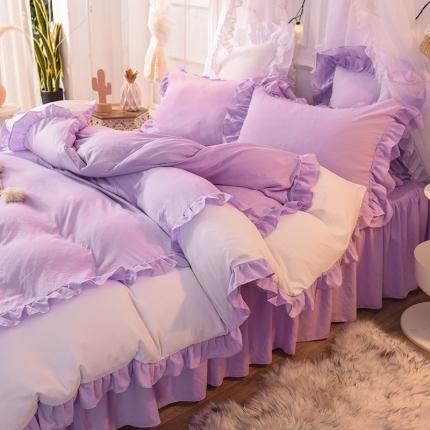 91家纺网 家纺一手货源 找家纺 （总）2023新韩版水洗棉公主风单层荷叶边拼色千层雪四件套