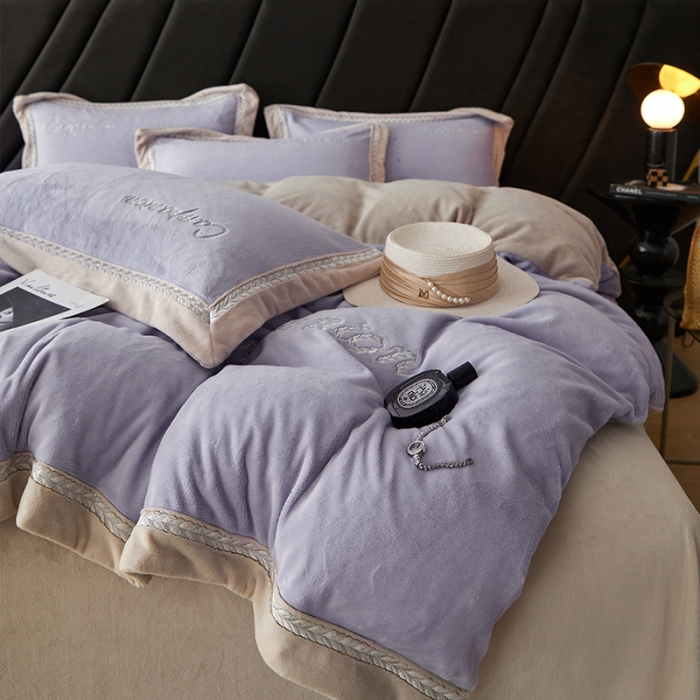 91家纺网 家纺一手货源 找家纺 安妮 新品A类高克重250克升级版牛奶绒四件套-轻颜 梦幻紫