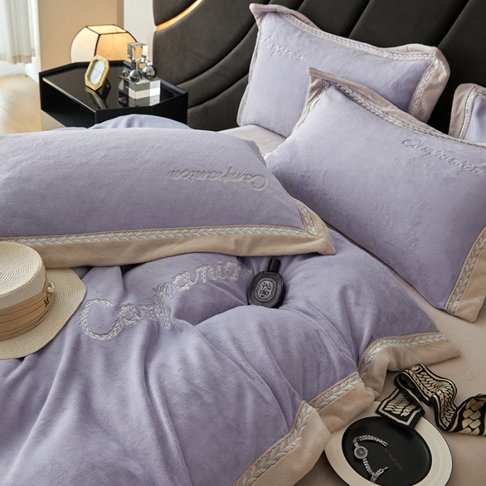 91家纺网 家纺一手货源 找家纺 安妮 新品A类高克重250克升级版牛奶绒四件套-轻颜 梦幻紫