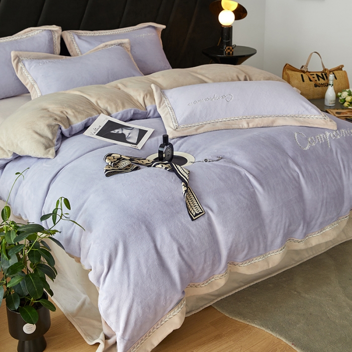 91家纺网 家纺一手货源 找家纺 安妮 新品A类高克重250克升级版牛奶绒四件套-轻颜 梦幻紫