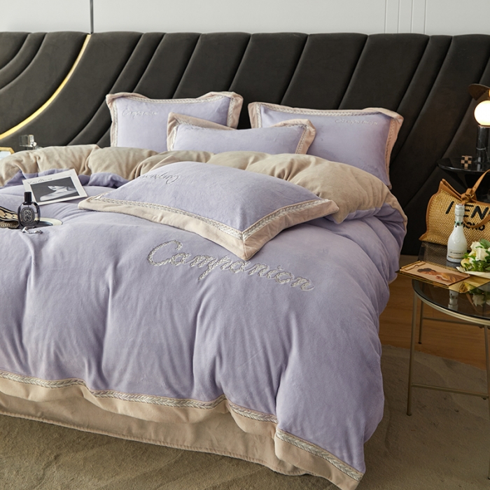 91家纺网 家纺一手货源 找家纺 安妮 新品A类高克重250克升级版牛奶绒四件套-轻颜 梦幻紫