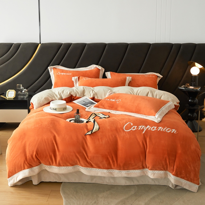 91家纺网 家纺一手货源 找家纺 安妮 新品A类高克重250克升级版牛奶绒四件套-轻颜 柔蜜桔