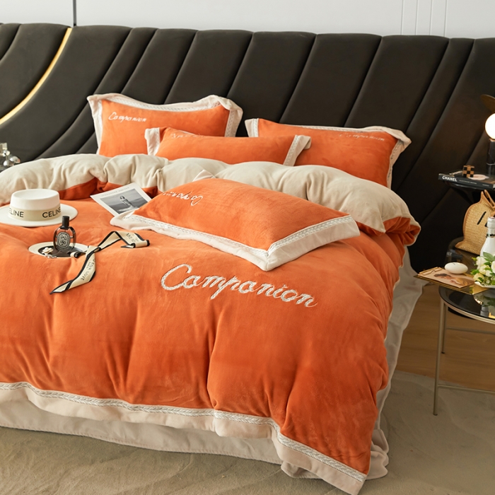 91家纺网 家纺一手货源 找家纺 安妮 新品A类高克重250克升级版牛奶绒四件套-轻颜 柔蜜桔