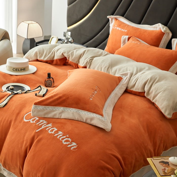 91家纺网 家纺一手货源 找家纺 安妮 新品A类高克重250克升级版牛奶绒四件套-轻颜 柔蜜桔