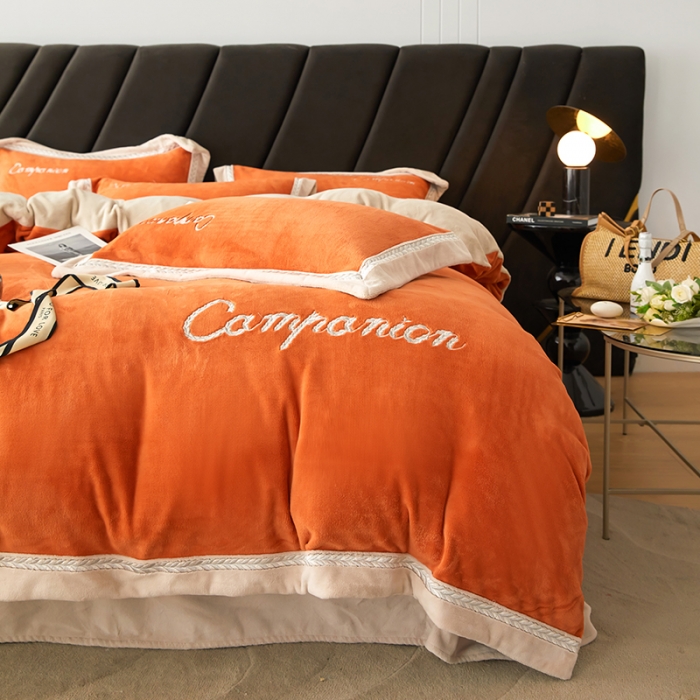 91家纺网 家纺一手货源 找家纺 安妮 新品A类高克重250克升级版牛奶绒四件套-轻颜 柔蜜桔