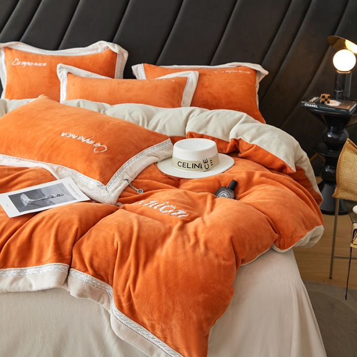 91家纺网 家纺一手货源 找家纺 安妮 新品A类高克重250克升级版牛奶绒四件套-轻颜 柔蜜桔