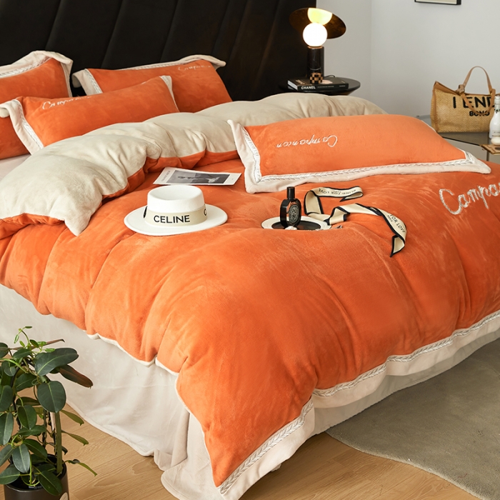 91家纺网 家纺一手货源 找家纺 安妮 新品A类高克重250克升级版牛奶绒四件套-轻颜 柔蜜桔