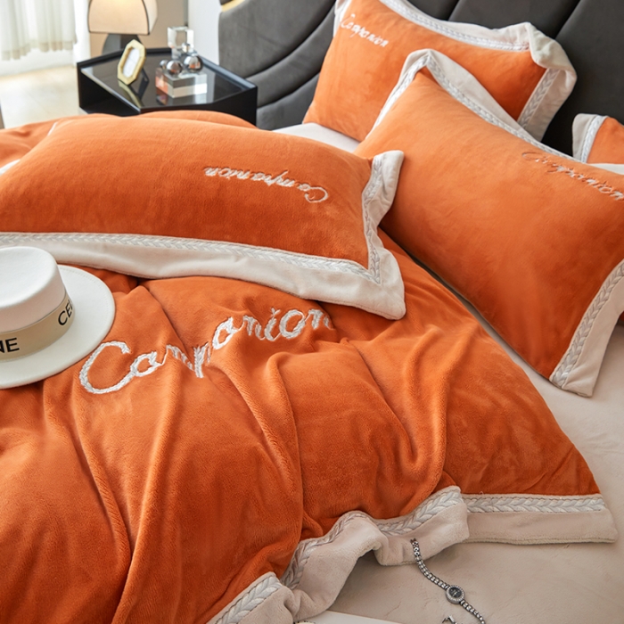 91家纺网 家纺一手货源 找家纺 安妮 新品A类高克重250克升级版牛奶绒四件套-轻颜 柔蜜桔