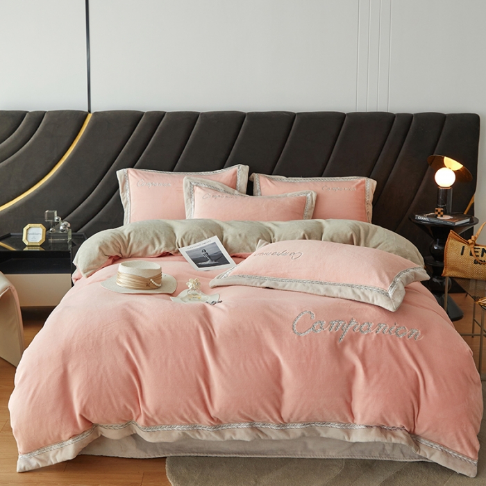 91家纺网 家纺一手货源 找家纺 安妮 新品A类高克重250克升级版牛奶绒四件套-轻颜 胭脂粉