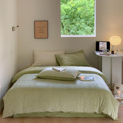 91家纺网 家纺一手货源 找家纺 六巷胡同 2022新款ins博主风立体绞花牛奶绒四件套 香草绿