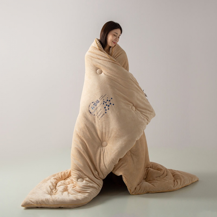 91家纺网 家纺一手货源 找家纺 被靠被 2023新款石墨烯科技发热被子系列 土豪金