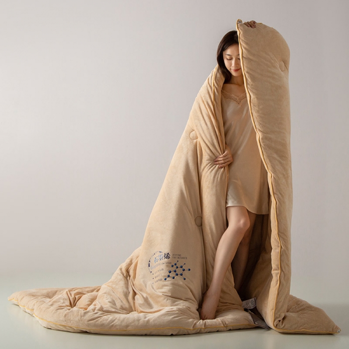 91家纺网 家纺一手货源 找家纺 被靠被 2023新款石墨烯科技发热被子系列 土豪金