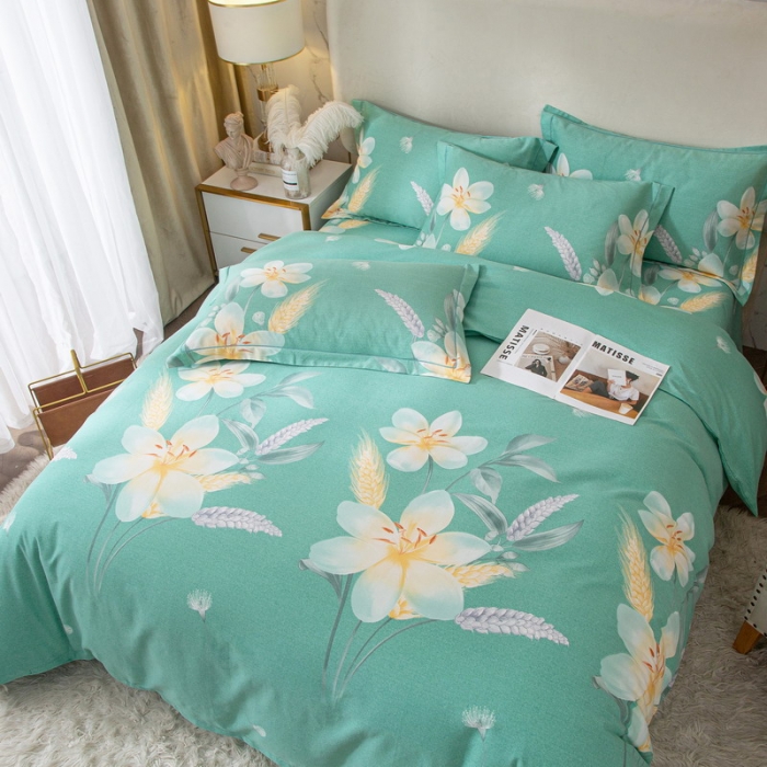 91家纺网 家纺一手货源 找家纺 金纱玉纺 2022新款全棉印花加厚磨毛四件套晨沐-绿