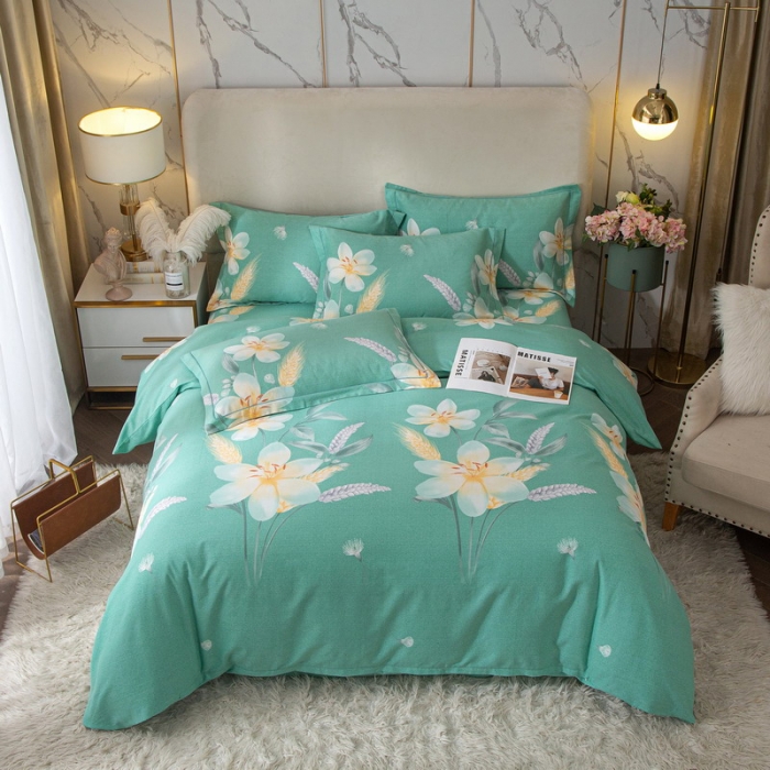 91家纺网 家纺一手货源 找家纺 金纱玉纺 2022新款全棉印花加厚磨毛四件套晨沐-绿