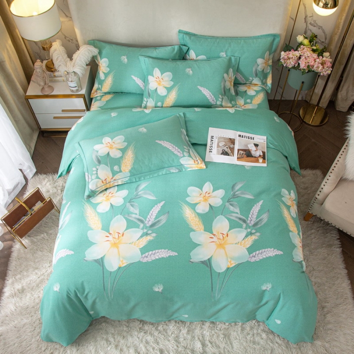 91家纺网 家纺一手货源 找家纺 金纱玉纺 2022新款全棉印花加厚磨毛四件套晨沐-绿