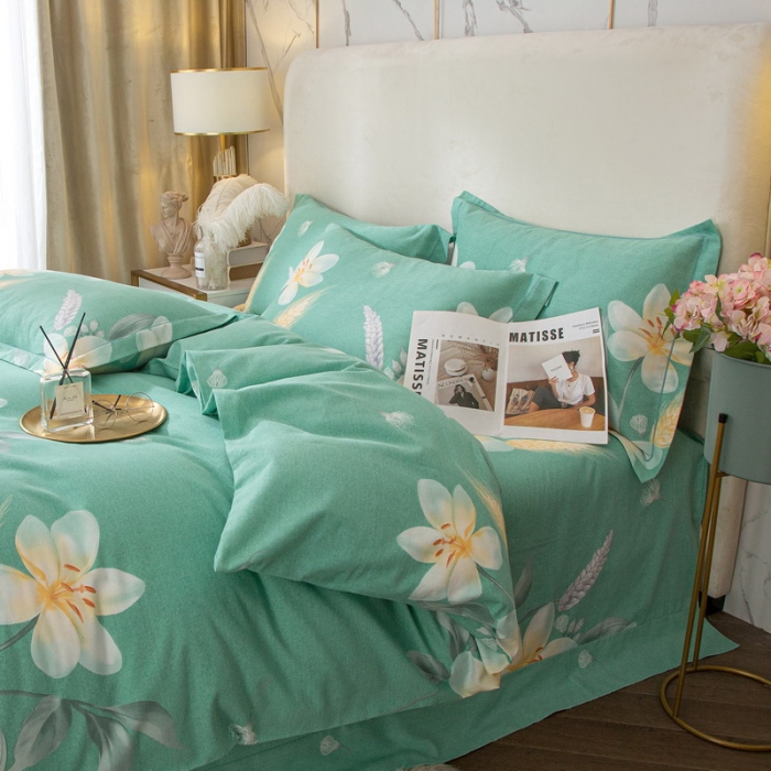 91家纺网 家纺一手货源 找家纺 金纱玉纺 2022新款全棉印花加厚磨毛四件套晨沐-绿