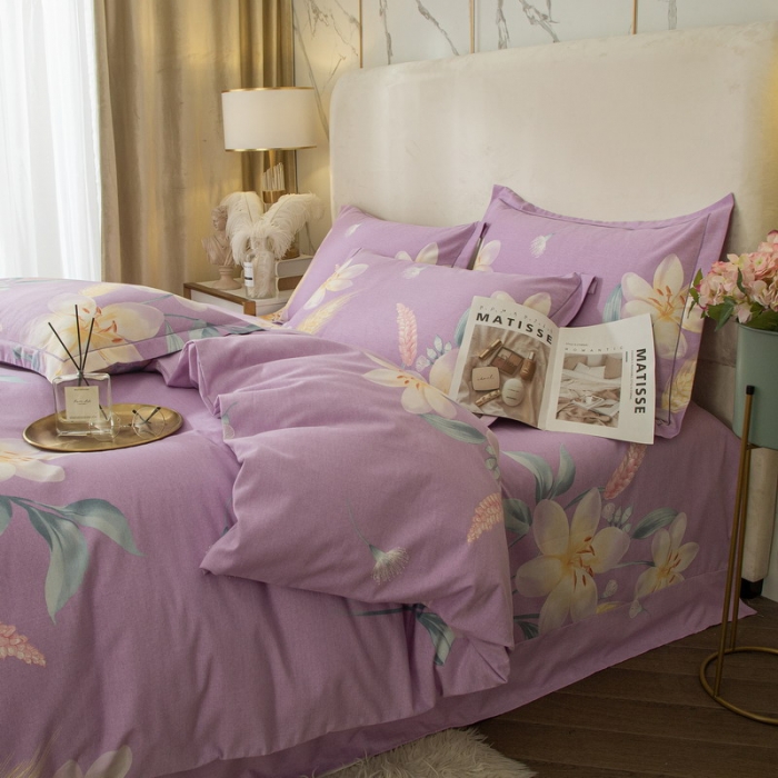 91家纺网 家纺一手货源 找家纺 金纱玉纺 2022新款全棉印花加厚磨毛四件套晨沐-紫