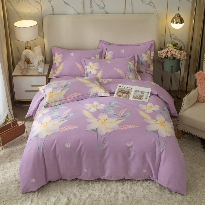 91家纺网 家纺一手货源 找家纺 金纱玉纺 2022新款全棉印花加厚磨毛四件套晨沐-紫