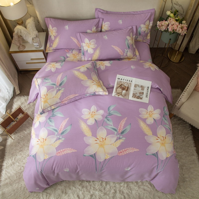 91家纺网 家纺一手货源 找家纺 金纱玉纺 2022新款全棉印花加厚磨毛四件套晨沐-紫