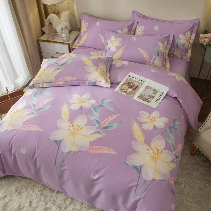 91家纺网 家纺一手货源 找家纺 金纱玉纺 2022新款全棉印花加厚磨毛四件套晨沐-紫