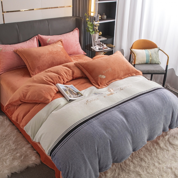 91家纺网 家纺一手货源 找家纺 纽缦 2022新款牛奶绒四件套彩色叶羽系列 彩色叶羽（阳光橙）