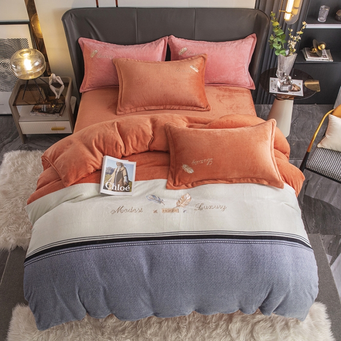 91家纺网 家纺一手货源 找家纺 纽缦 2022新款牛奶绒四件套彩色叶羽系列 彩色叶羽（阳光橙）