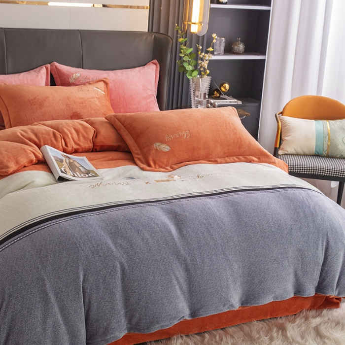 91家纺网 家纺一手货源 找家纺 纽缦 2022新款牛奶绒四件套彩色叶羽系列 彩色叶羽（阳光橙）