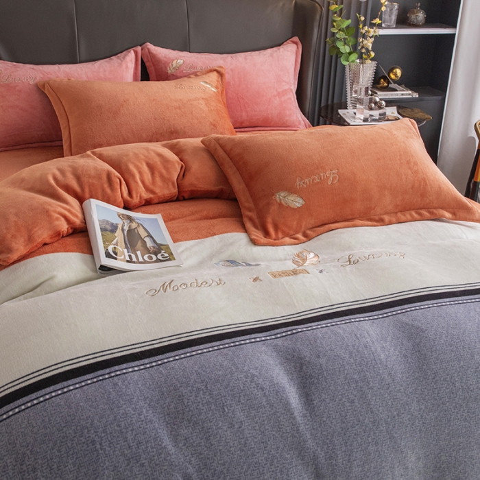 91家纺网 家纺一手货源 找家纺 纽缦 2022新款牛奶绒四件套彩色叶羽系列 彩色叶羽（阳光橙）