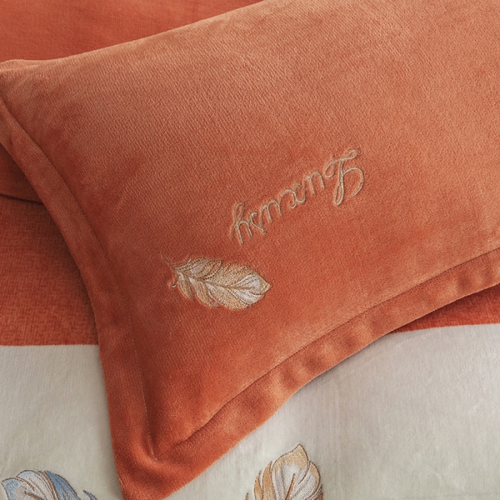 91家纺网 家纺一手货源 找家纺 纽缦 2022新款牛奶绒四件套彩色叶羽系列 彩色叶羽（阳光橙）