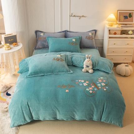 纽缦 2022新款牛奶绒四件套蝶舞系列 蝶舞水绿