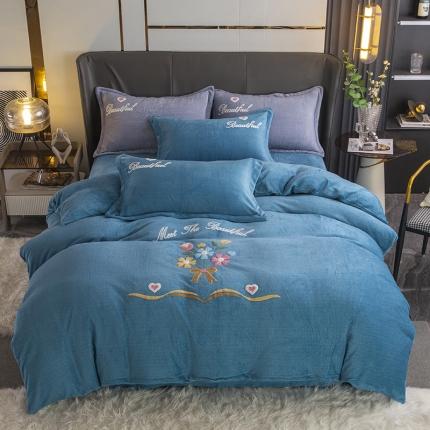 纽缦 2022新款牛奶绒四件套梦幻花语系列 梦幻花语湖蓝