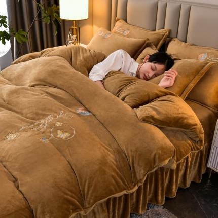 澳洲羽 2024新款纯色牛奶绒绣花四件套 咖色