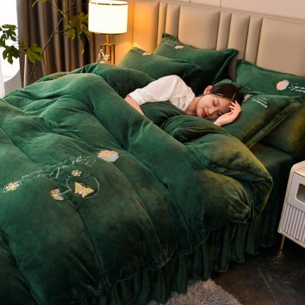 澳洲羽 2024新款纯色牛奶绒绣花四件套 墨绿色