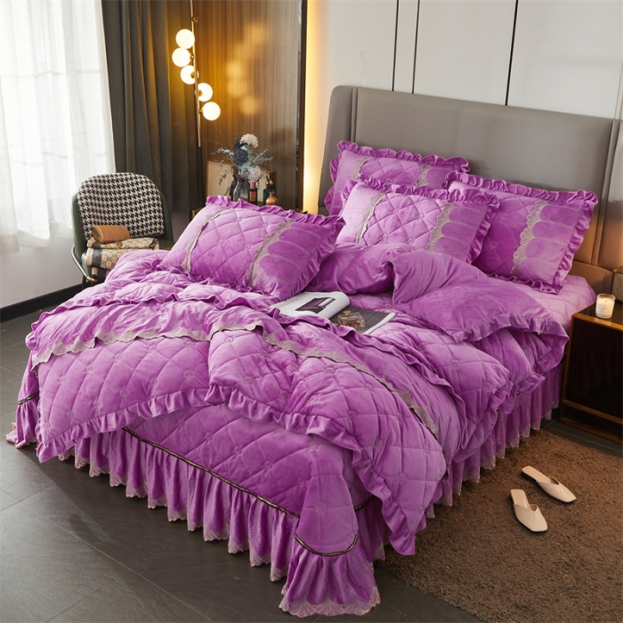91家纺网 家纺一手货源 找家纺 十个点家纺 2024新款刺绣水晶绒床盖三件套 紫色