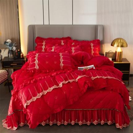 十个点家纺 2024新款刺绣水晶绒床盖四件套 大红