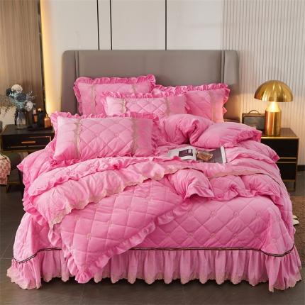 十个点家纺 2024新款刺绣水晶绒床盖四件套 粉色