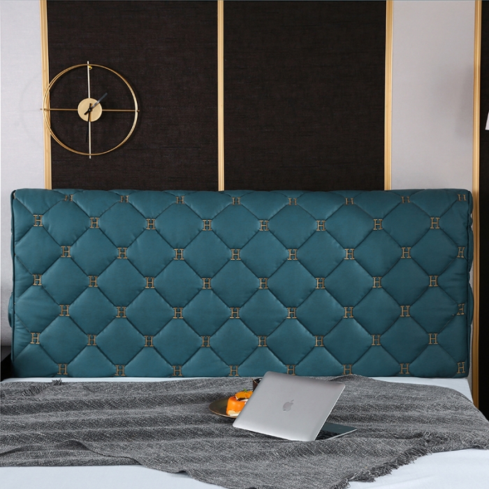 91家纺网 家纺一手货源 找家纺 情恒 2025新款防撞加厚夹棉刺绣绗缝全包床头罩大靠背靠垫-科技布 梦幻蓝