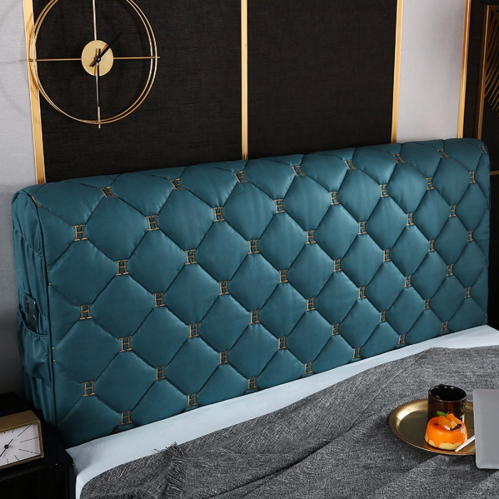 91家纺网 家纺一手货源 找家纺 情恒 2025新款防撞加厚夹棉刺绣绗缝全包床头罩大靠背靠垫-科技布 梦幻蓝