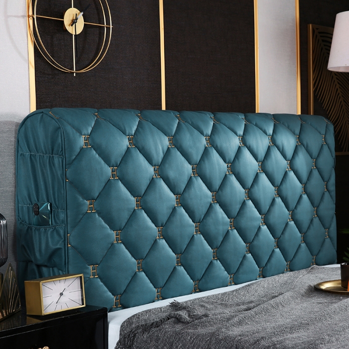 91家纺网 家纺一手货源 找家纺 情恒 2025新款防撞加厚夹棉刺绣绗缝全包床头罩大靠背靠垫-科技布 梦幻蓝