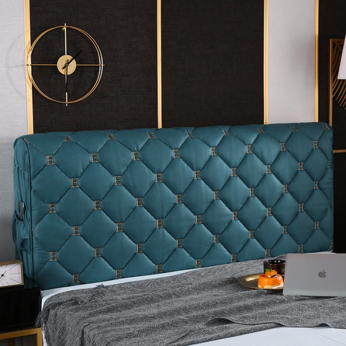 91家纺网 家纺一手货源 找家纺 情恒 2025新款防撞加厚夹棉刺绣绗缝全包床头罩大靠背靠垫-科技布 梦幻蓝