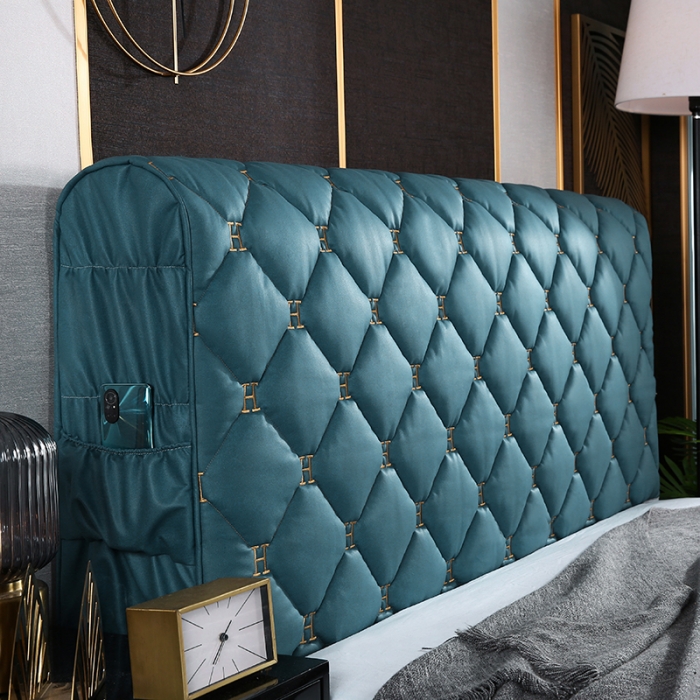 91家纺网 家纺一手货源 找家纺 情恒 2025新款防撞加厚夹棉刺绣绗缝全包床头罩大靠背靠垫-科技布 梦幻蓝