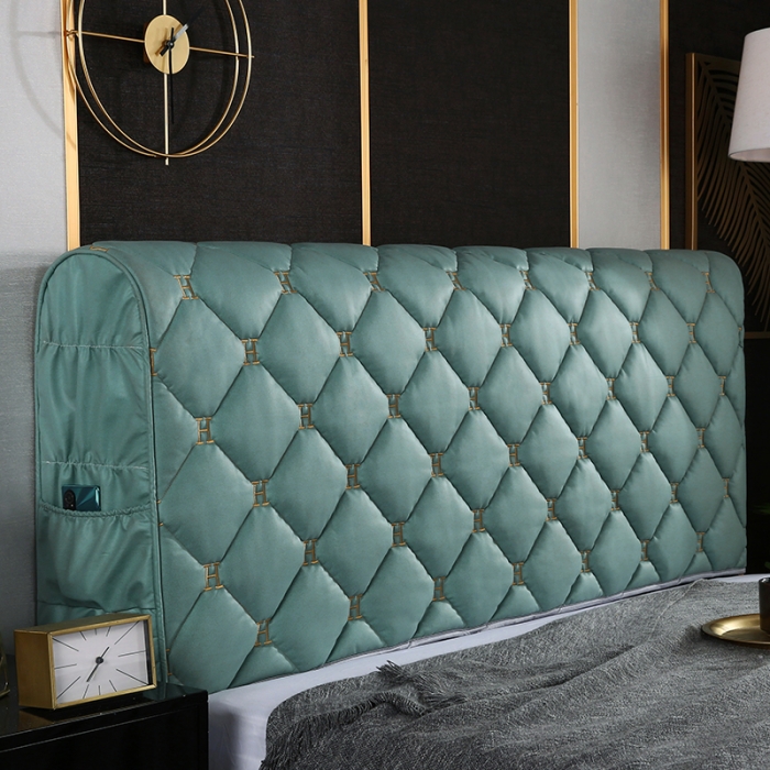 91家纺网 家纺一手货源 找家纺 情恒 2025新款防撞加厚夹棉刺绣绗缝全包床头罩大靠背靠垫-科技布 墨绿