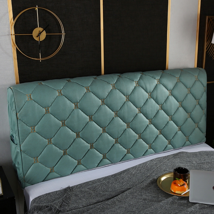 91家纺网 家纺一手货源 找家纺 情恒 2025新款防撞加厚夹棉刺绣绗缝全包床头罩大靠背靠垫-科技布 墨绿