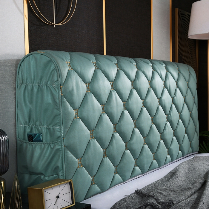 91家纺网 家纺一手货源 找家纺 情恒 2025新款防撞加厚夹棉刺绣绗缝全包床头罩大靠背靠垫-科技布 墨绿